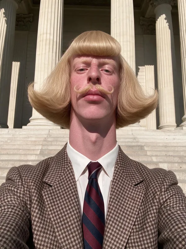 Step 2: the Jean Phil character reference — honey-blond helmet bob, curled mustache, houndstooth jacket