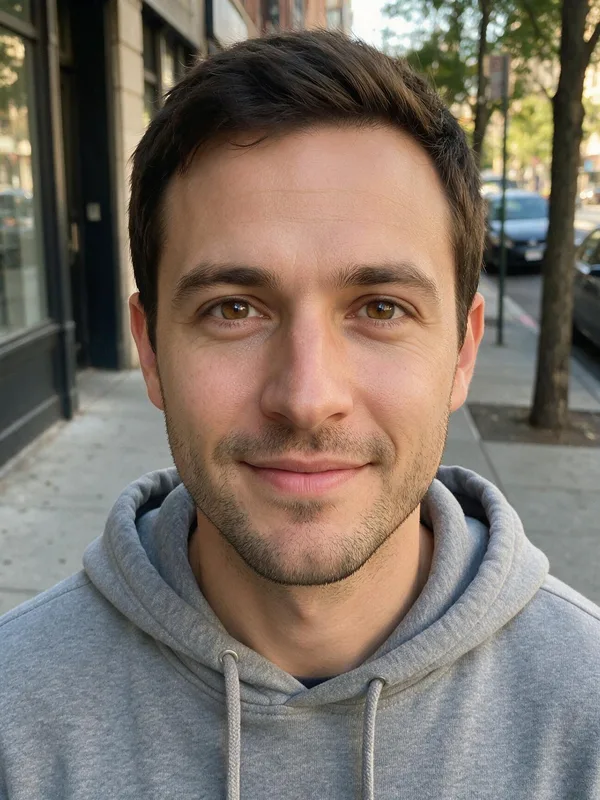 Input: an AI-generated selfie of Theo, a fictional man with short dark hair and a grey hoodie